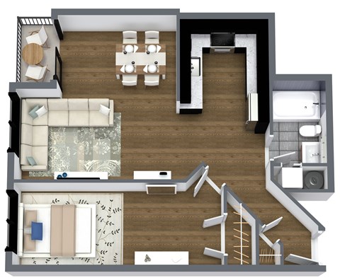 Floor plan for 1 bed, 1 bath, 665 sqft